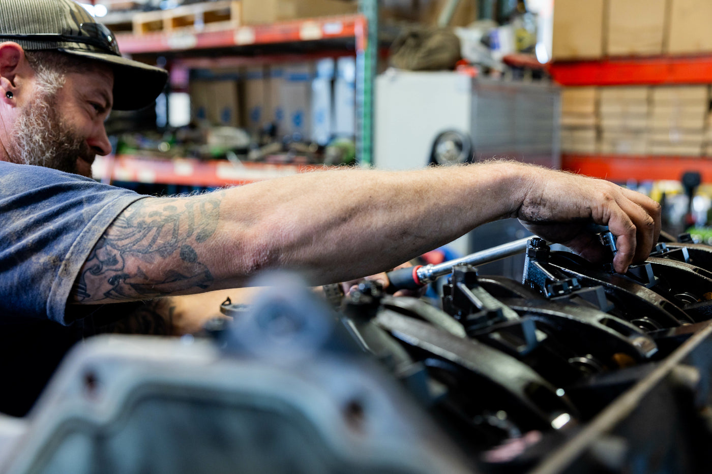 Diesel Engine Being Repaired by a Technician